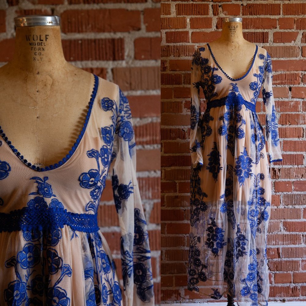 Nude Mesh Embroidered Floral Midi Dress